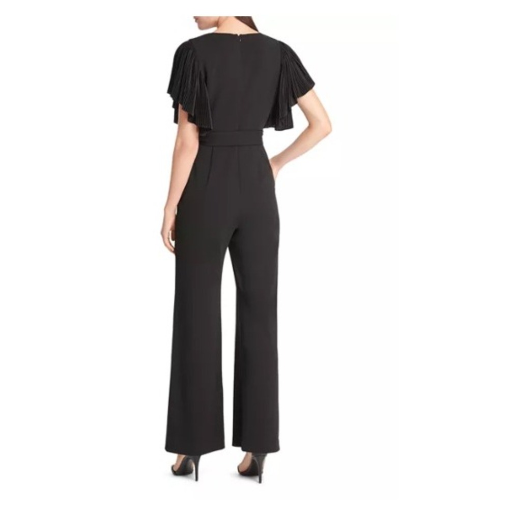 Eliza J Pleated Flutter Sleeve Belted V Neck Jumpsuit Black 14 Party Wedding - Picture 3 of 10